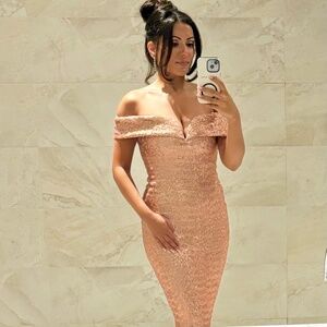 Blush Pink Sequin Off-Shoulder Evening Gown by Bariano